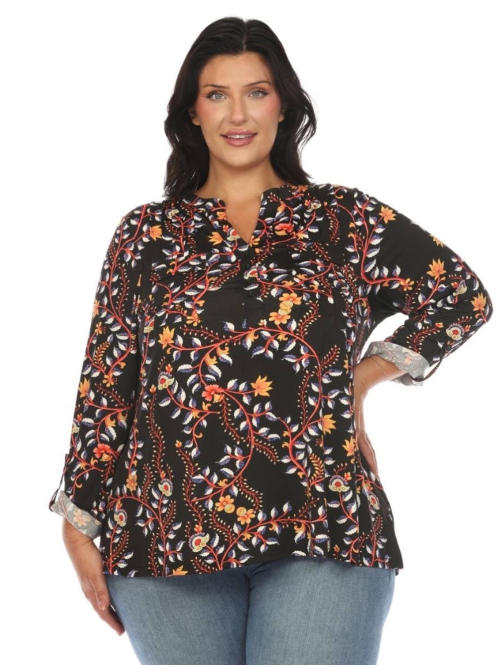 White Mark Women S Plus Size Floral Button Front Tunic Top 2X